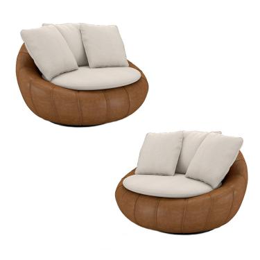 Imagem de Kit 2 Poltronas Giratória Sala de Estar com Almofadas Afrodite Off White Caramelo Manchado Linho/PU G45 - Gran Belo