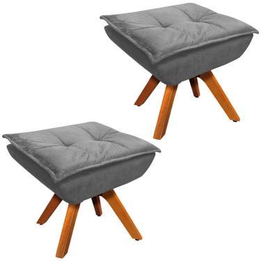 Imagem de Kit 2 Puff's Decorativos Base Giratória em Madeira Charger Suede Grafite - Gran Belo