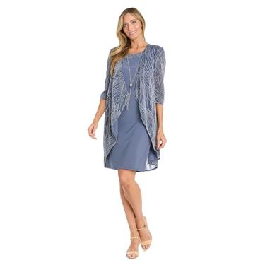 Imagem de R&M Richards Vestido de malha com estampa aerógrafo metálico 2 peças com colar destacável, Cadet/prata, 48