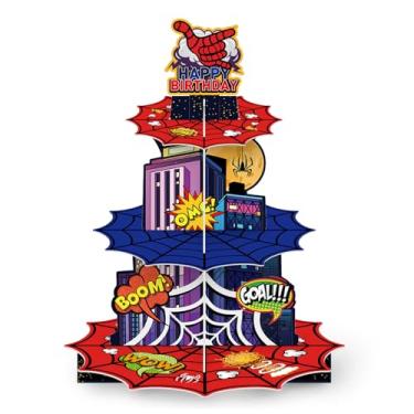 Imagem de Suporte de cupcake de aranha de 3 camadas, torre de cupcake, decorações de festa de herói, suporte de sobremesa, tema de desenho animado, suporte de sobremesa para crianças, meninos, artigos de festa