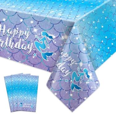 Imagem de Toalha de mesa de festa de aniversário de sereia, 3 peças de toalha de mesa descartável de plástico para decoração de aniversário, capa de mesa retangular azul para decoração de festa de chá de bebê