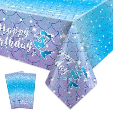 Imagem de Toalha de mesa de plástico de aniversário de sereia, 2 peças de toalha de mesa descartável para decoração de festa de aniversário, capa de mesa retangular azul para decoração de festa de chá de bebê