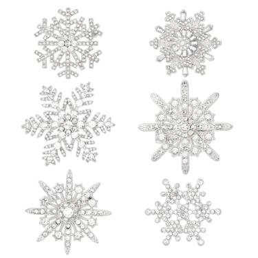 Imagem de DICOSMETIC 6 peças 6 estilos broche de floco de neve de Natal liga de prata strass broche de Natal conjunto de broches de floco de neve de inverno conjunto de joias de ano novo acessórios de vestido