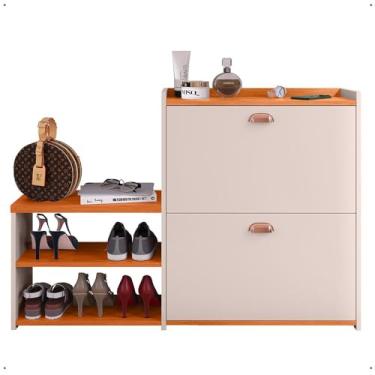 Imagem de Sapateira Hall Entrada 2 Gaveta Basculante Puxador Concha Banco Prateleira Porta Sapatos Sala Quarto Retrô Milano - RPM (Off White/Cinamomo)
