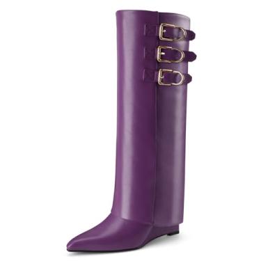 Imagem de Perisis Botas femininas dobráveis cano alto tubarão salto cunha fivelas de couro bico fino puxar botas longas, PU roxo, 42
