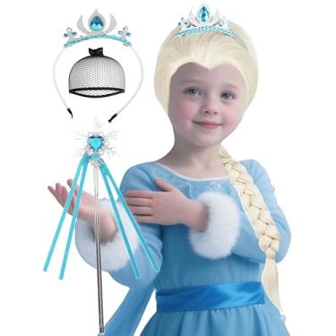 Imagem de Peruca infantil de princesa loira + faixa de cabeça + varinha mágica + touca de peruca, perucas trançadas loiras platinadas longas de 58 cm, cabelo sintético para meninas, fantasias de Halloween