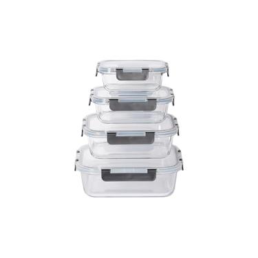 Imagem de 4 lancheiras de vidro seladas com tampas, recipientes de armazenamento de alimentos de vidro, lancheiras de vidro seladas que podem ser colocadas em fornos de micro-ondas, geladeiras e lava-louças