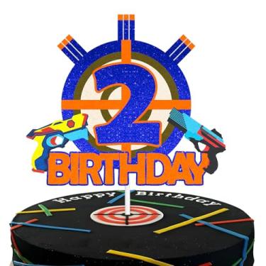Imagem de Topo de bolo Gun Target Happy 2nd Birthday Two Years Old Blue Gun Birthday Party, Gun Shooting Crosshairs decoração de bolo temático meninos ou meninas suprimentos de decoração de aniversário