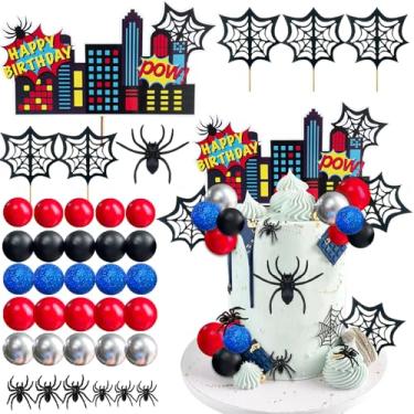 Imagem de UFROMSKY 38pcs Spider Cake Topper Balls Cake Decorations Spider Web Cake Decor with Black Red Silver Glitter Blue Balls Spider City Theme Happy Birthday Topper for Boys Men Baby Shower Party Supplies