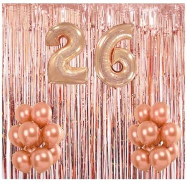 Imagem de Kit Decoração Festa Metalizado | Cortina 2m + Número 40cm + Bexigas | Válvula Autotravante Prático(Rose Gold)