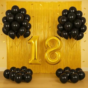 Imagem de Kit Festa Completo Metalizado | Balões Números 40cm + Cortina 2m | Decoração Profissional Econômica(DOURADO/PRETO)