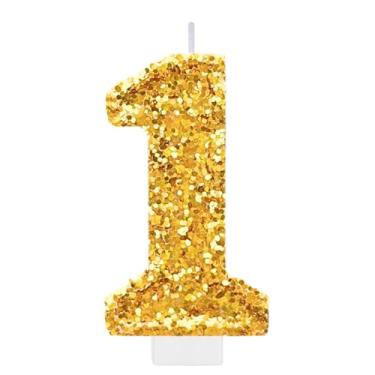 Imagem de Vela de aniversário número 1 dourada para bolo, topo de bolo dourado com glitter, decorações grandes de 1º aniversário, suprimentos de festa para mulheres e homens, decoração de cupcake de festa de