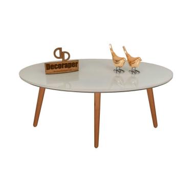 Imagem de Mesa De Centro Oval Laqueada Com Vidro Colado Pé Palito 90x50 Off White