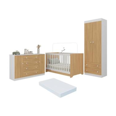 Imagem de Quarto de Bebê Completo Berço Americano 3 em 1 Colchão Encanto Multimóveis MP4609 Madeirado/Branco