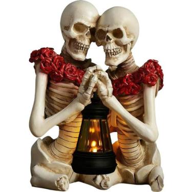 Imagem de Escultura de decoração de jardim Skeleton Couple com lanterna LED - yi