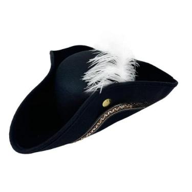 Imagem de Chapéu de capitão pirata preto tricornio com penas para adultos - yiwe