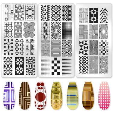 Imagem de Benikmake 3 peças padrão abstrato molde de carimbo de unha geométrico placa de imagem de aço inoxidável DIY ferramentas reutilizáveis com raspador de carimbo para salão de manicure