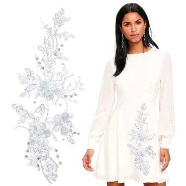 Imagem de letsinstyle 2 apliques de renda de flores de strass, aplique bordado com lantejoulas e contas, aplique bordado floral branco de luxo para decoração de roupas de casamento, vestido de noiva
