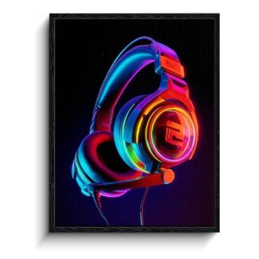 Imagem de Arte de parede de fone de ouvido para jogos, fones de ouvido RGB neon, decoração de parede de gamer, impressão em tela emoldurada com acabamento fosco, arte de pôster de jogos, para presente de