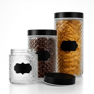 Imagem de Kit 3 Potes De Vidro Texturizado Com Tampa Preta E Faixa Tipo Lousa Para Escrever Com Giz – Organização E Armazenamento De Alimentos, Café, Açúcar E Macarrão – Design Moderno E Elegante