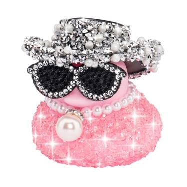 Imagem de wonuu Ornamentos de carro de pato de borracha de diamante rosa para decoração de painel para acessórios de carro fofos com diamante preto