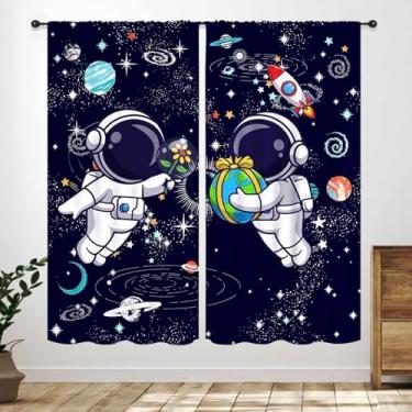 Imagem de Cortinas de desenho animado de astronauta, espaço sideral, galáxia, sala de jogos, planeta, desenho animado, azul, janela, tratamentos para quarto de crianças, quarto, sala de estar, berçário, 2