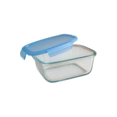 Imagem de Pote Hermético de Vidro Borossilicato, Retangular, 370ml, Tampa de Silicone Preta com Detalhe Azul, para Alimentos, 15x11x5cm