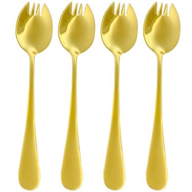 Imagem de 4 garfos dourados vintage, aço inoxidável 304, combinação de garfo e colher, perfeito para sobremesas, saladas e muito mais, pode ser lavado na lava-louças, 16 × 3,5 cm