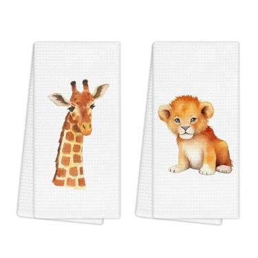 Imagem de EGBTL Adorável conjunto de 2 toalhas de cozinha girafa e leão, presentes para amantes de leão, toalhas de mão para decoração de banheiro infantil, panos de prato de animais tropicais fofos para