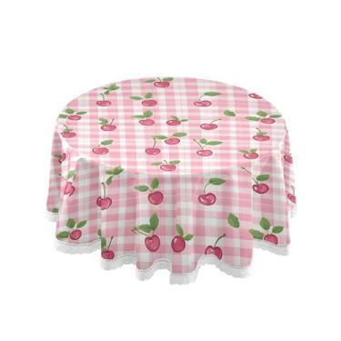 Imagem de SEHANY Toalha de mesa redonda xadrez rosa cereja 152 cm, tecido lavável sem rugas, toalha de mesa redonda com renda decorativa para restaurante, casamento, acampamento, festa Fiesta Cinco de Mayo