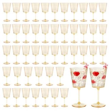 Imagem de SHIQIKEJIPTY 48 peças de taças de vinho de plástico com nervuras douradas de 382 g taças de vinho caneladas destacáveis taças de vinho elegantes estilo vintage para festas de aniversário de casamento
