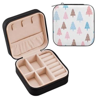 Imagem de Wassud Estojo de joias de viagem com rabiscos de pinheiros para mulheres, meninas, senhoras, noiva, mini organizador de joias de couro PU, caixa quadrada de armazenamento de joias para brincos, anéis