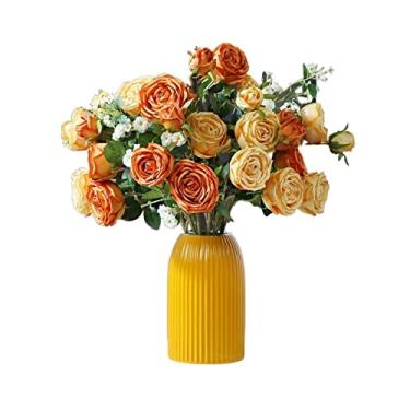 Imagem de Conjunto de buquê de rosas falsas de flores artificiais com vaso mesa de jantar simulação arranjo de flores para sala de estar arranjo de flores falsas