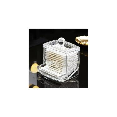 Imagem de Porta Cotonete em Acrílico Transparente com Tampa, 7x7x9cm, Organizador para Hastes de Algodão, Dispenser Compacto