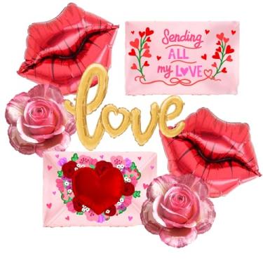 Imagem de Conjunto de balões com tema de amor - envelope/lábios/balões de rosa e balões de carta de amor/decoração de alumínio para o dia dos namorados, dia das mães, noivado e aniversários de casamento