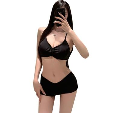 Imagem de QNCLO Cosplay feminino anime japonês colete apertado biquíni transparente de seda gelo (preto 3)