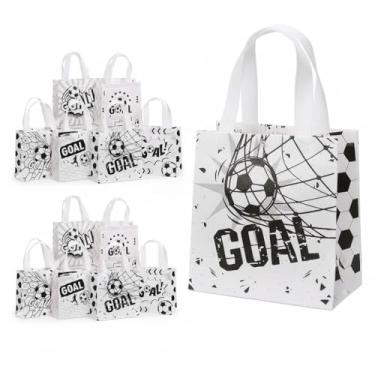 Imagem de Pacote com 12 sacos de brindes de futebol com 6 designs | Sacos de lembrancinha de festa não tecidos reutilizáveis com alças | Sacos de presente de aniversário de futebol para crianças, sacolas de
