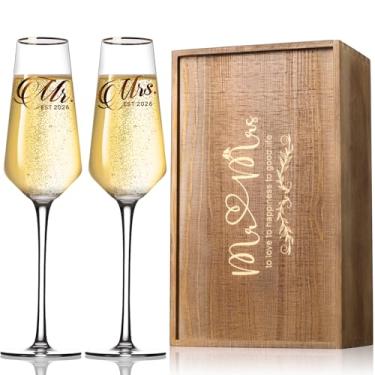 Imagem de Conjunto de 2 taças de taças de champanhe de casamento, taças de brinde de casamento sopradas à mão para noiva e noivo, copos de champanhe para chá de noiva e aniversário de casamento (conjunto de