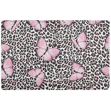 Imagem de TSENQUE Tapete de porta divertido personalizado borboleta rosa leopardo tapete externo absorvente, tapete de sapato impermeável lavável tapetes de entrada internos para casa, 81 cm x 50 cm