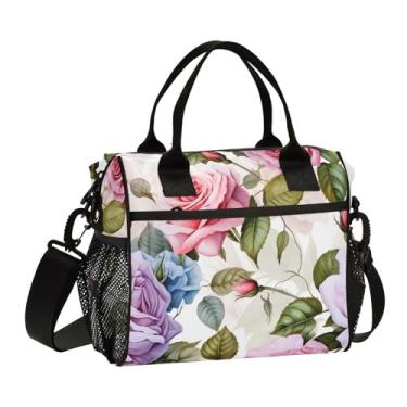 Imagem de GAIGEO Lancheira colorida com isolamento térmico de rosas em aquarela com alças, lancheira térmica para mulheres, M