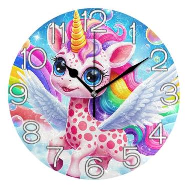 Imagem de GAIGEO Relógio de parede decorativo analógico relógio de cozinha bonito estético silencioso sem tique-taque, decoração de parede de sala de estar moderna, desenho animado de unicórnio colorido fofo
