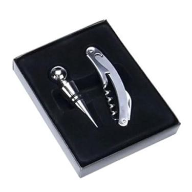Imagem de Kit para Vinho Abridor e Tampa, Aço Inox Escovado e Polido, Saca Rolha Manual com Apoio, Canivete para Lacre, Abridor de Garrafa