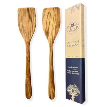Imagem de Conjunto de espátula de madeira de oliveira premium de 2 peças, utensílios de cozinha de madeira natural feitos à mão, seguro para panelas antiaderentes, mistura e servir