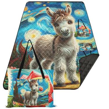 Imagem de TSENQUE Tapete de piquenique fofo de burro fofo de noite estrelada, cobertores de praia dobráveis à prova d'água à prova de areia, tapetes florais para acampamento 203 x 152 cm