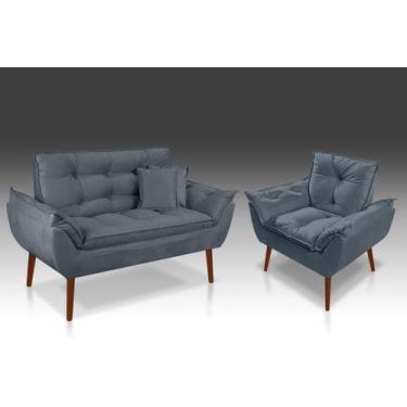 Imagem de Kit 01 Namoradeira + 01 Poltrona  Opala + 02 Almofadas Suede Azul Turq