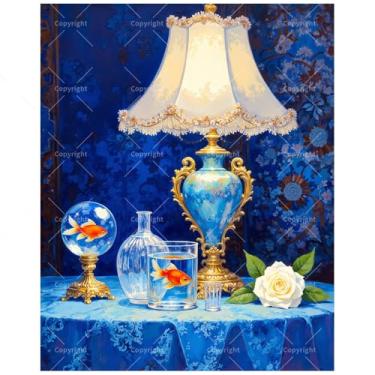 Imagem de TAOPAOLAB Elegante kit de pintura de peixe dourado e lâmpada por números para adultos - DIY vidro azul e pintura rosa em tela 40,6 x 50 cm, conjunto de tinta acrílica, adequado para iniciantes, arte