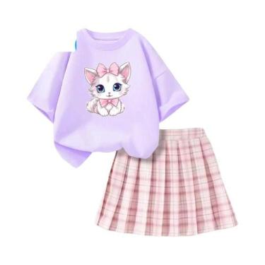 Imagem de Conjunto De Verão Para Meninas: Camiseta Rosa Com Laço E Saia Xadrez, 