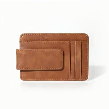 Imagem de Carteira masculina fina de fibra de carbono dobrável com bloqueio de RFID, bolso frontal, suporte fino para cartão de crédito com caixa de presente, Marrom, Moderno