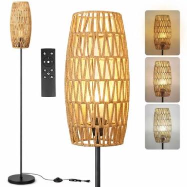 Imagem de Ruiever Luminária de chão para sala de estar, luminária de chão de fazenda, luminária de pé moderna com persiana de vime trabalhada à mão (sombra de tambor - com controle remoto)