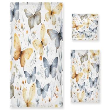 Imagem de xigua Conjunto de toalhas de banheiro borboleta vintage absorvente macio 3 peças toalha de banho toalha de mão toalhas decorativas para banheiro, academia, hotel, praia, piscina